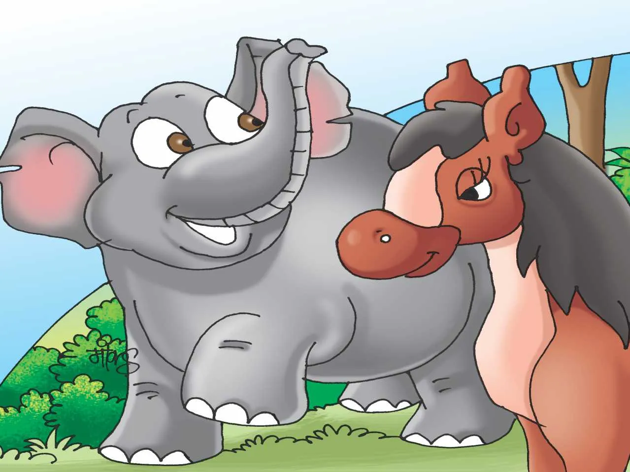 Elephant and Horse in Jungle cartoon image