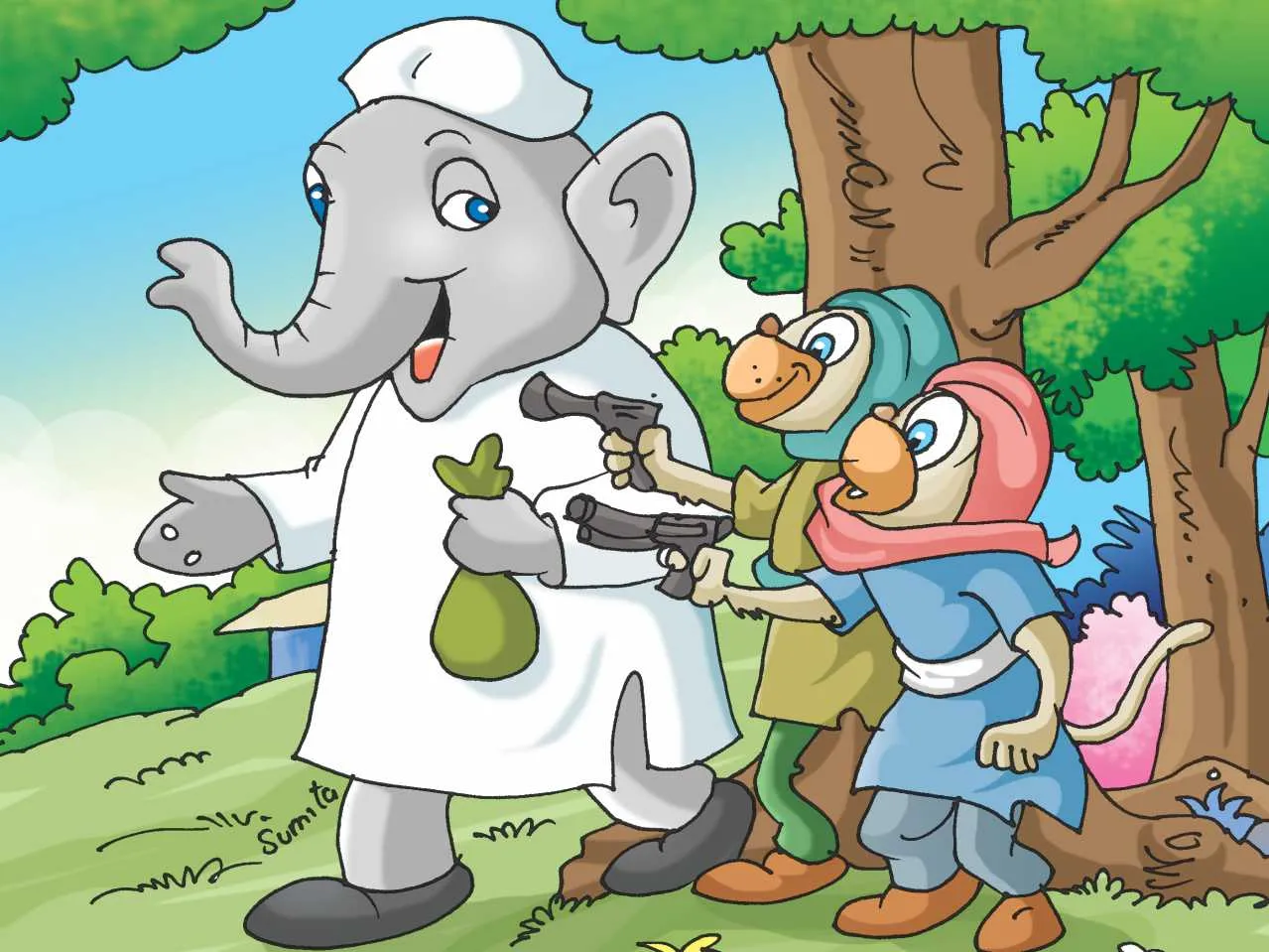 Monkey robbing elephant cartoon image