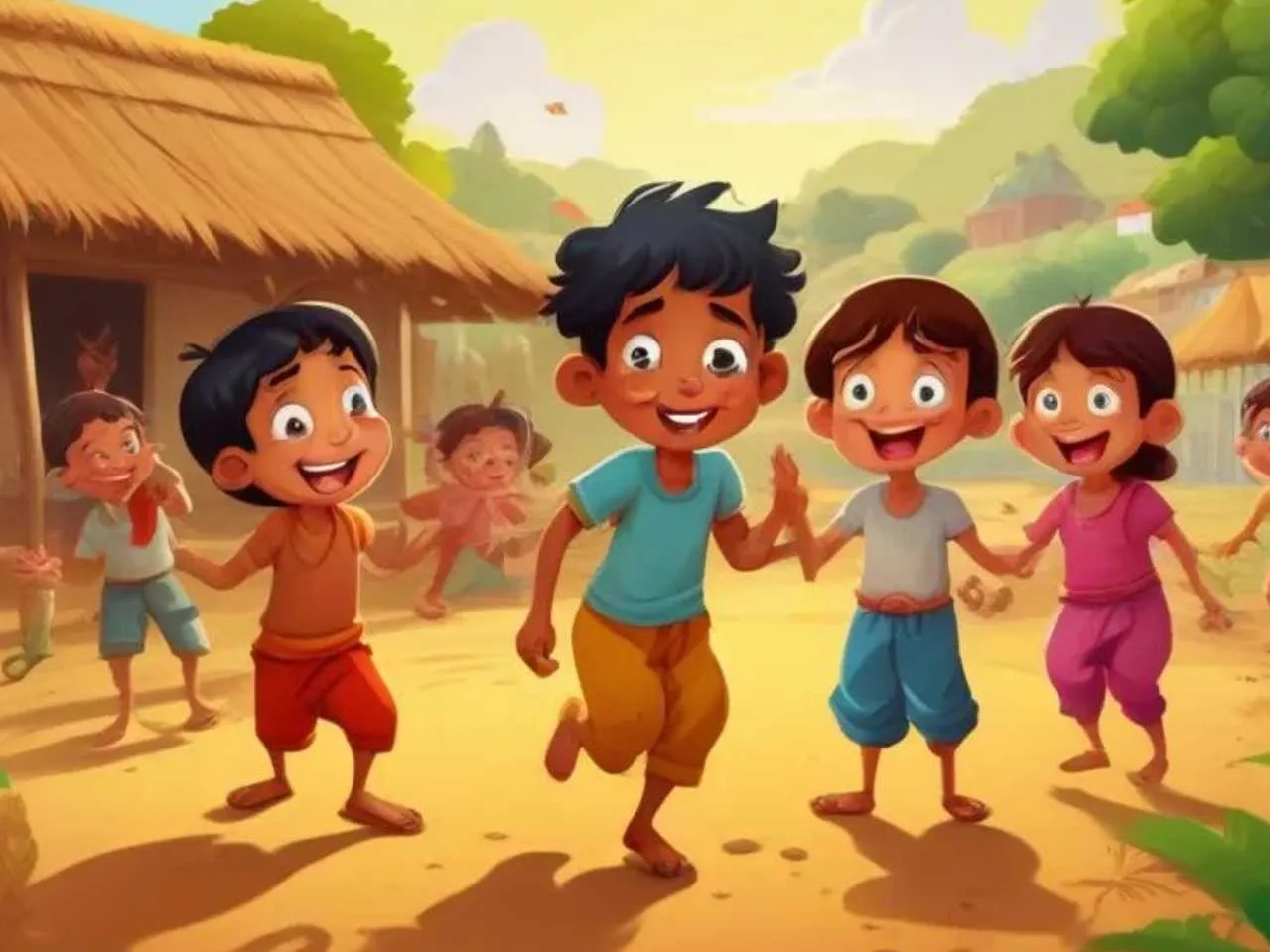 Cartoon image of village kids playing