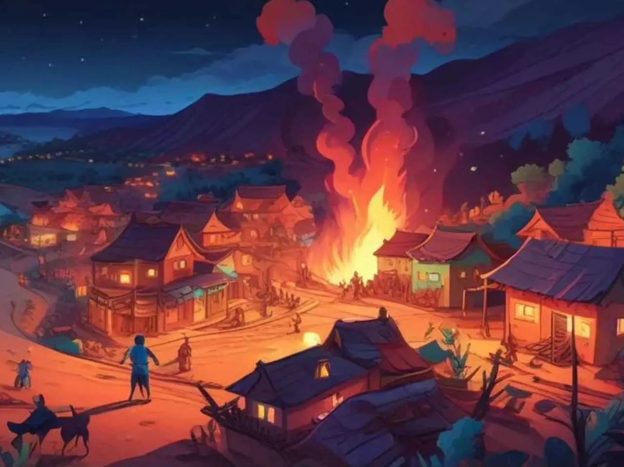 Cartoon image of fire in a village