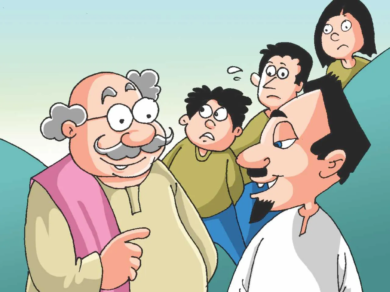 old man with his son and grandkids cartoon image