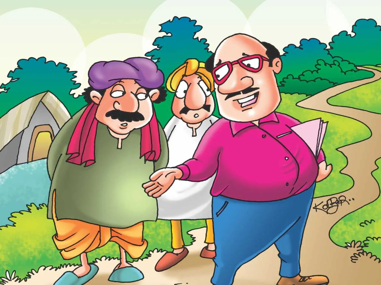 Engineer with villagers cartoon image