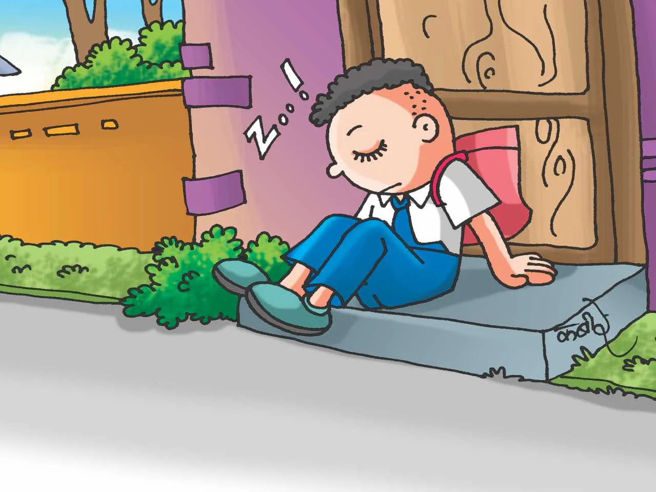 Kid sleeping outside his home cartoon image