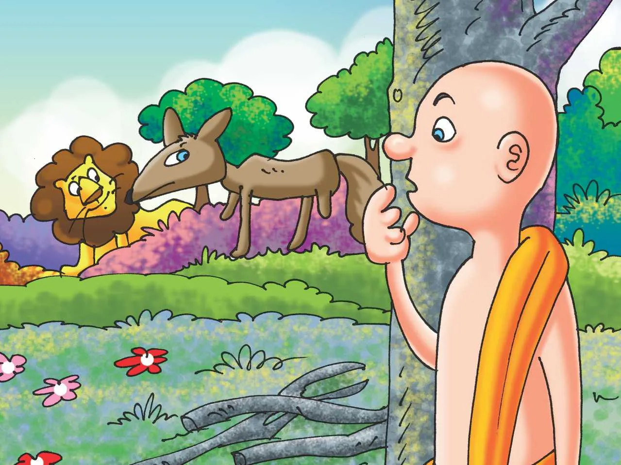 Saint in Jungle seeing lion and fox cartoon image