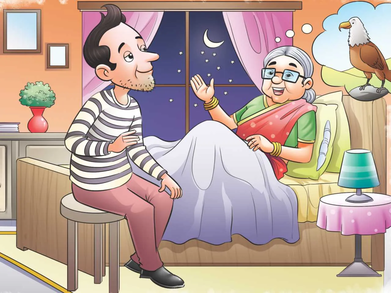 wise old lady with thief cartoon image