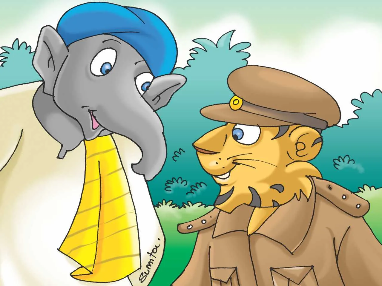 Elephant and lion talking cartoon image