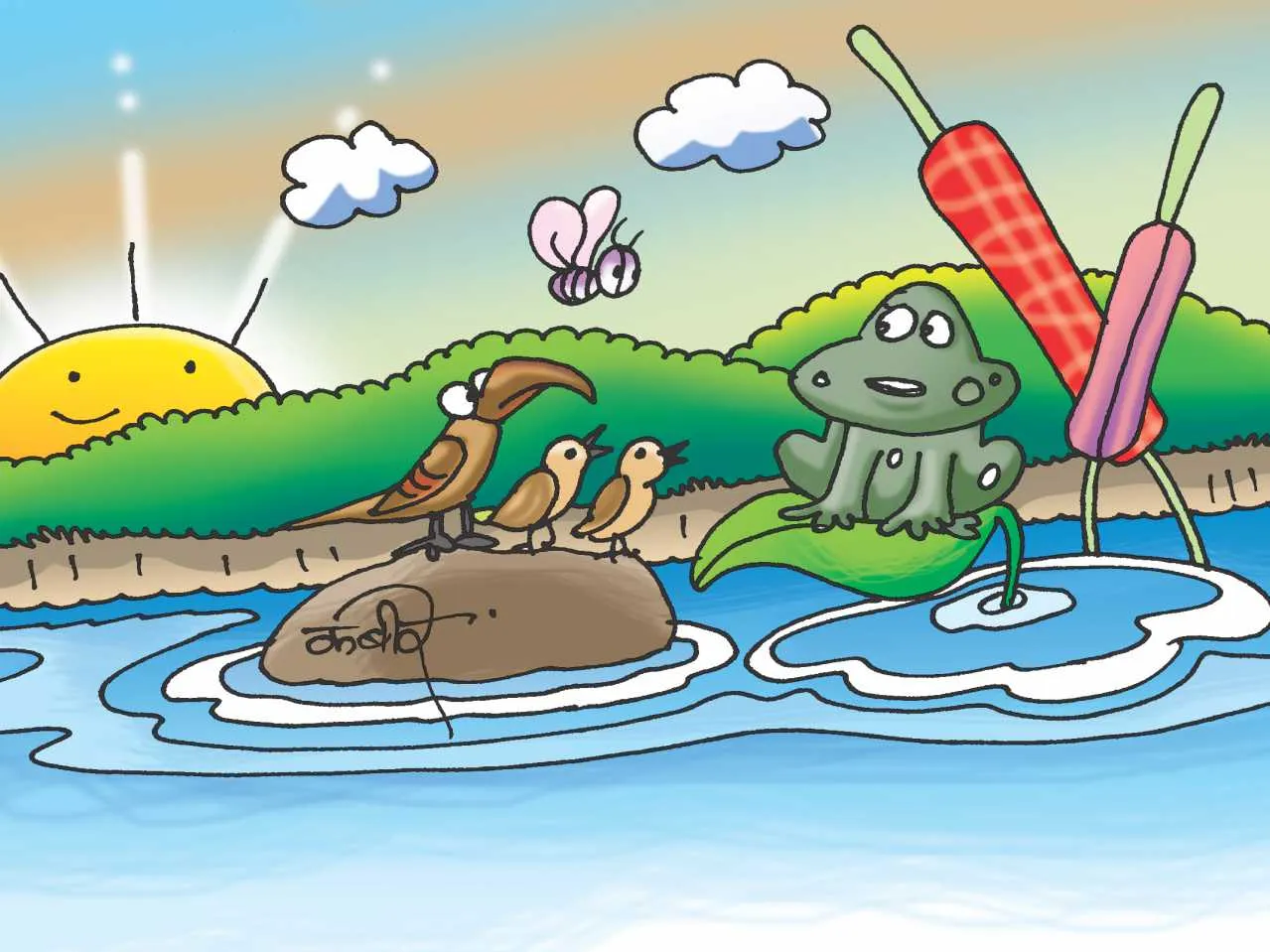 Frog and birds in pond cartoon image