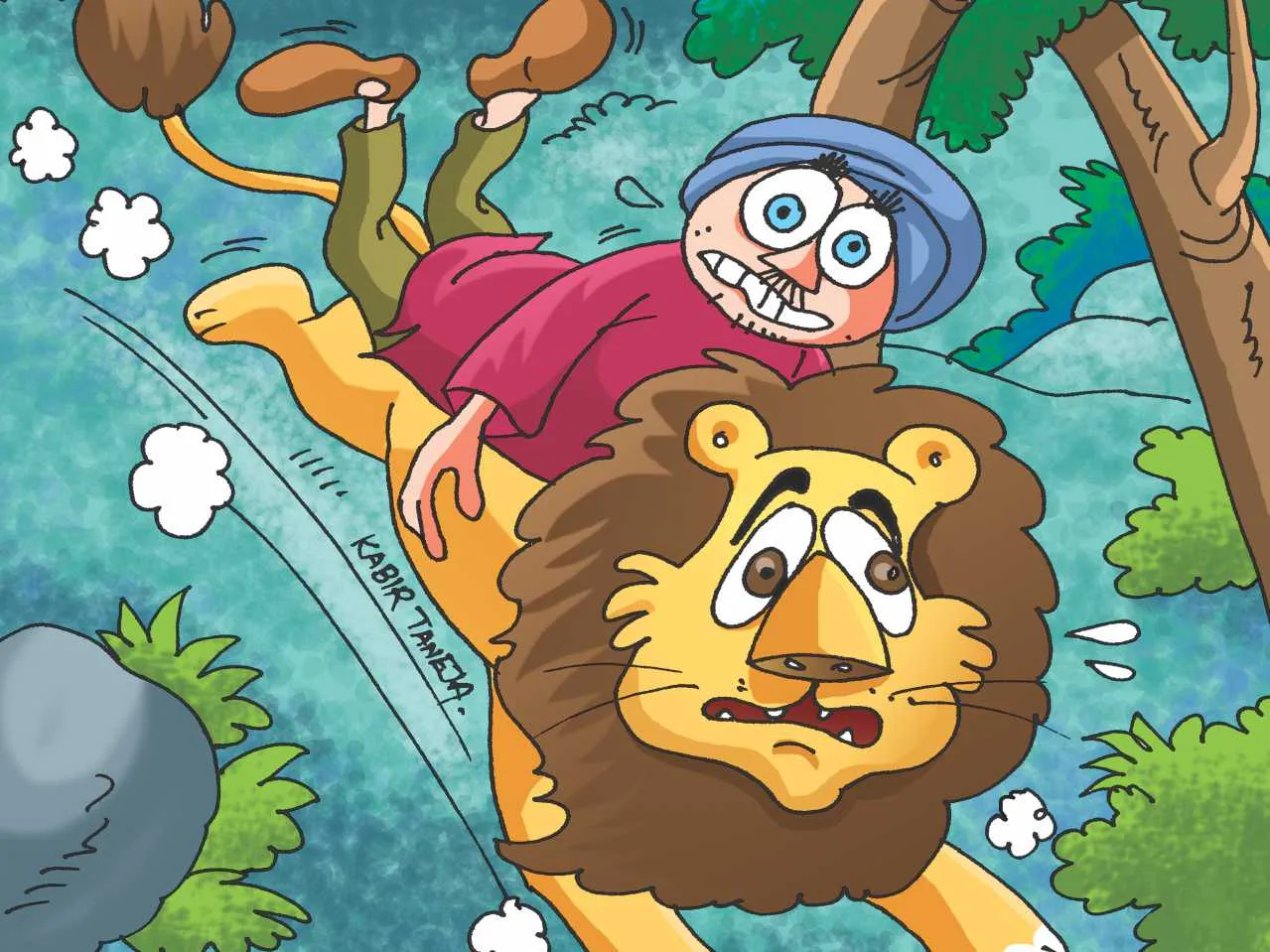 Man on lions shoulder cartoon image