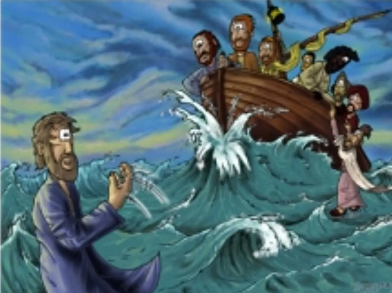 Saint sinking in river cartoon image