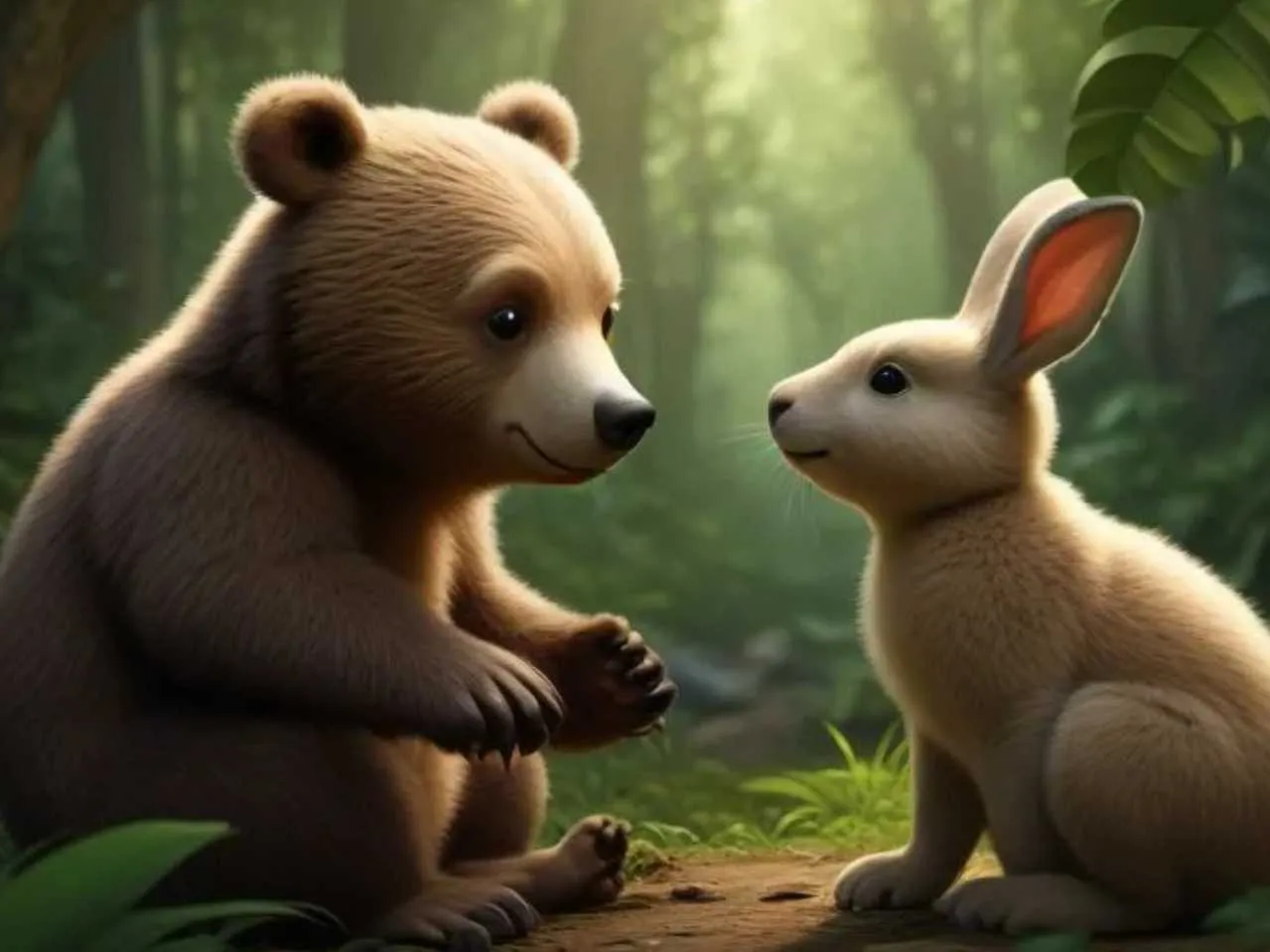 bear cub talking to rabbit