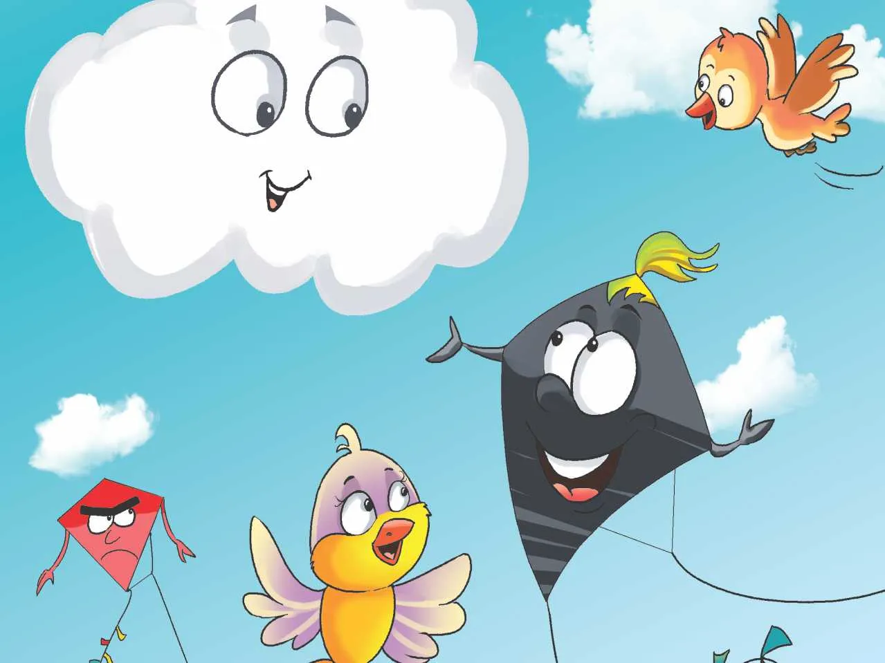 Colorfull kites flying in sky cartoon image