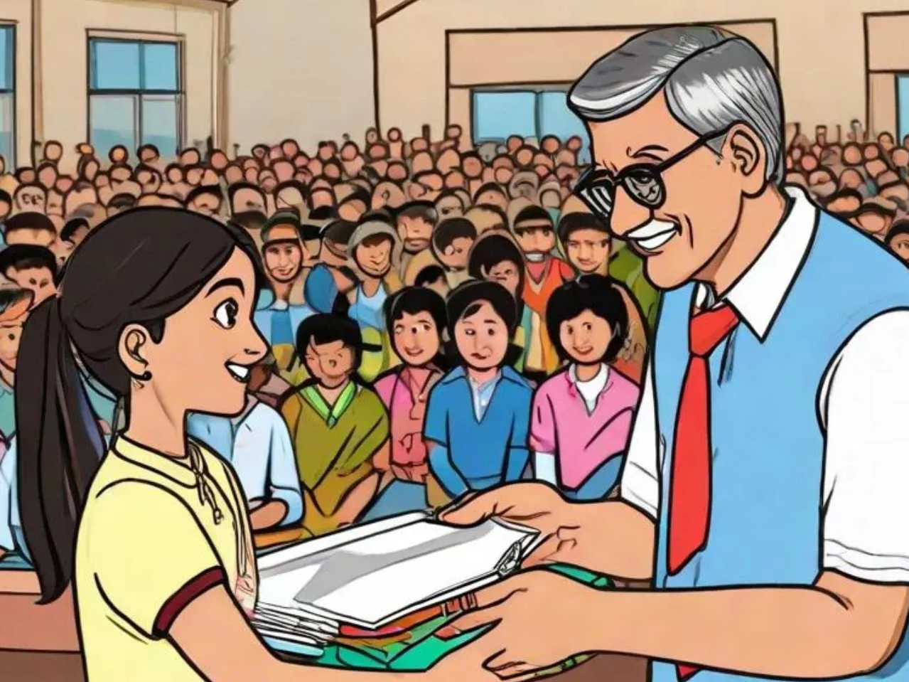 Cartoon image of principal giving award