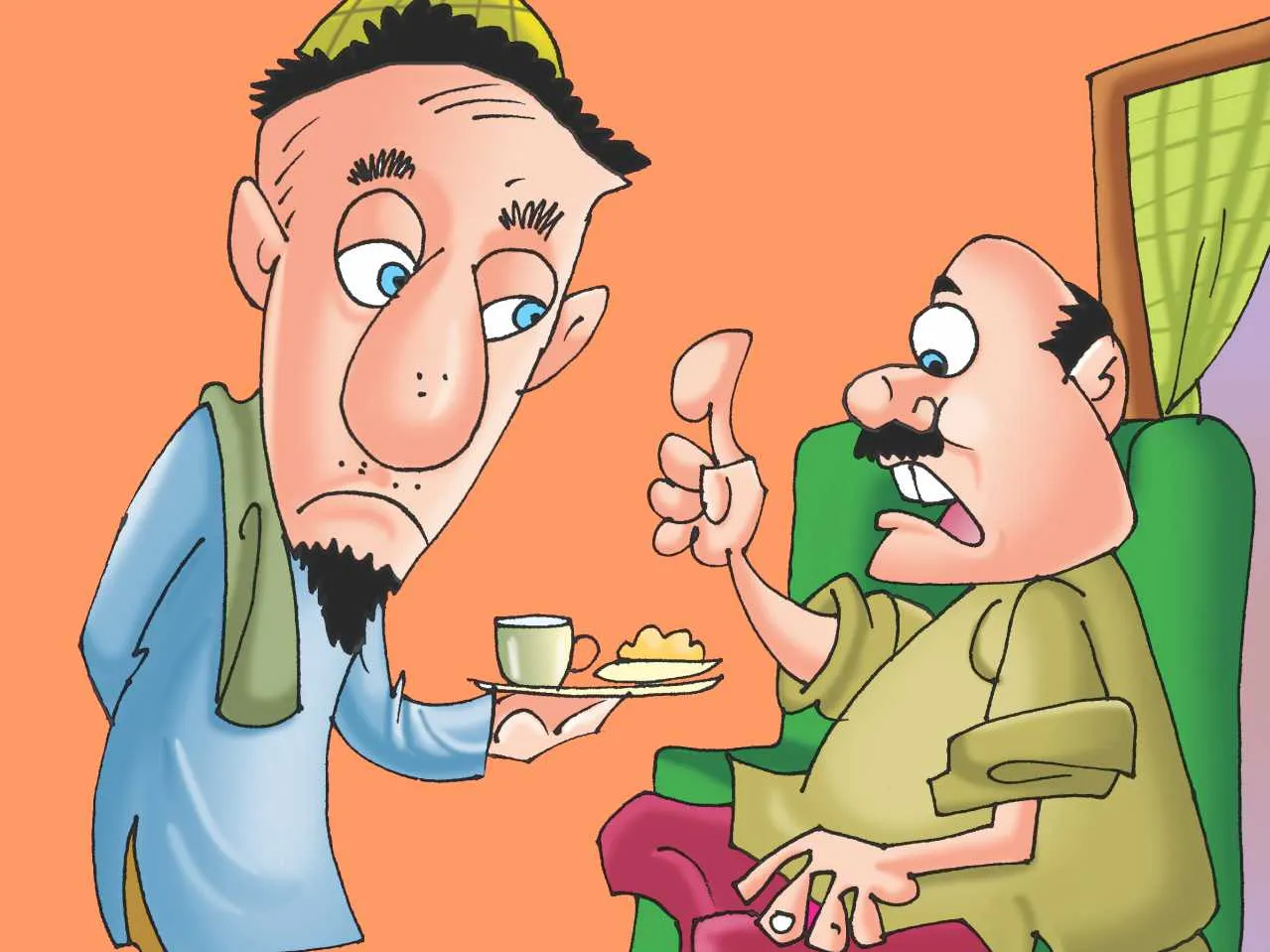 servant giving tea to owner cartoon image