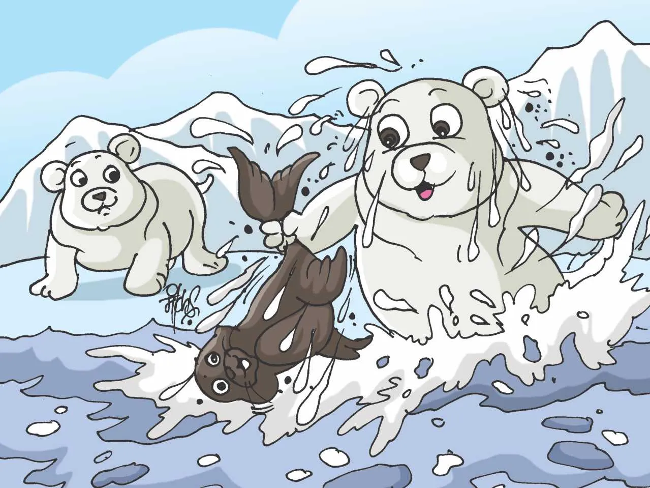 Two Polar bear Cubs Catching Seal Cartoon Image