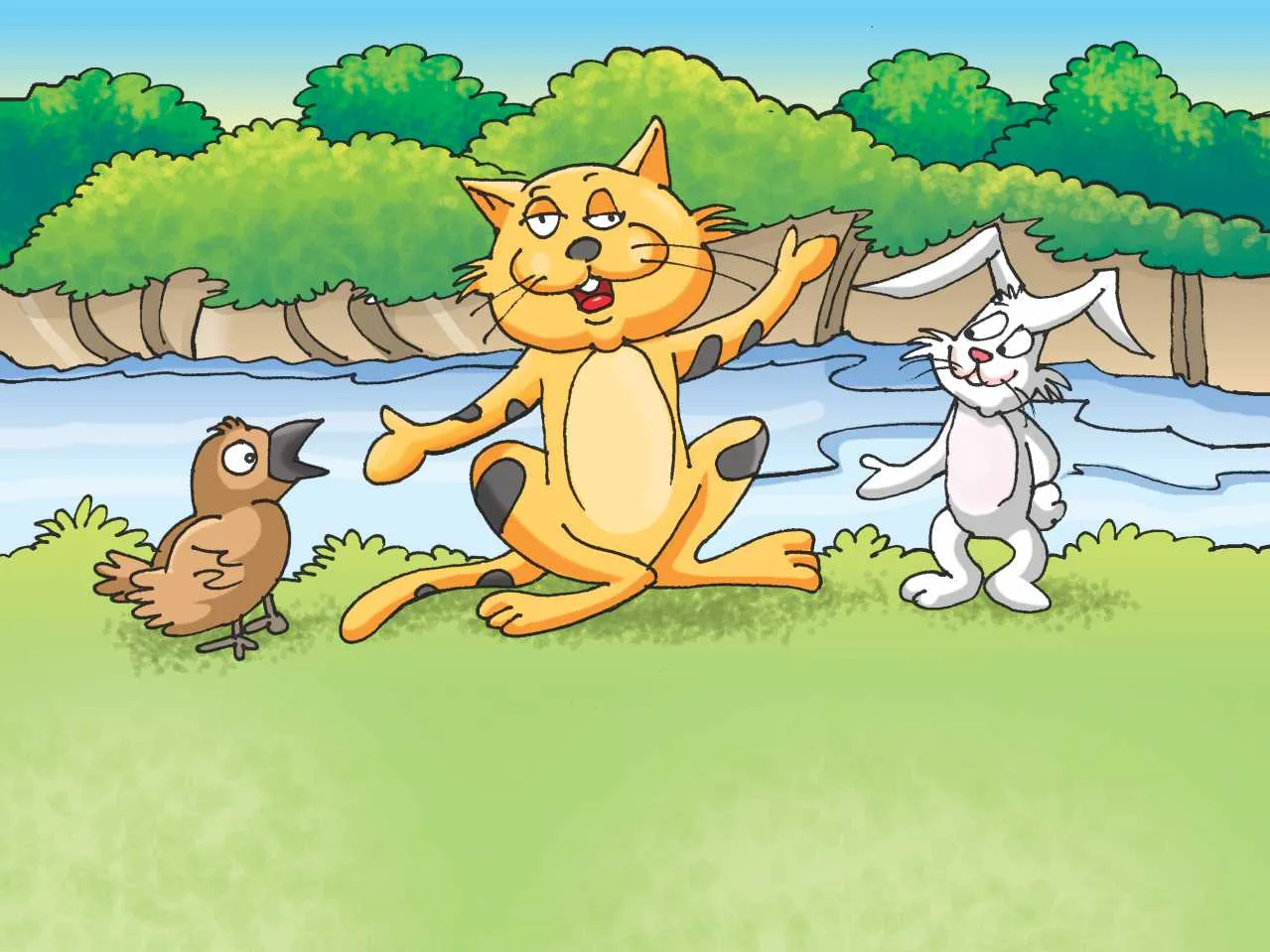 Cat, rabbit and bird cartoon image