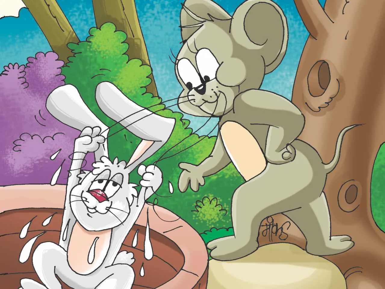 Mouse helping Rabbit cartoon image