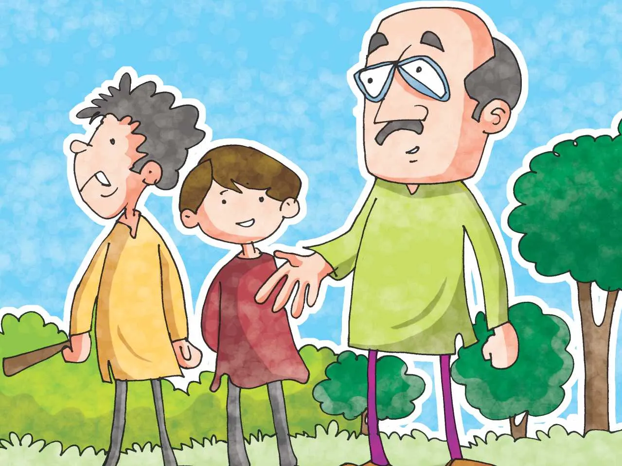 Two kids and their father cartoon image