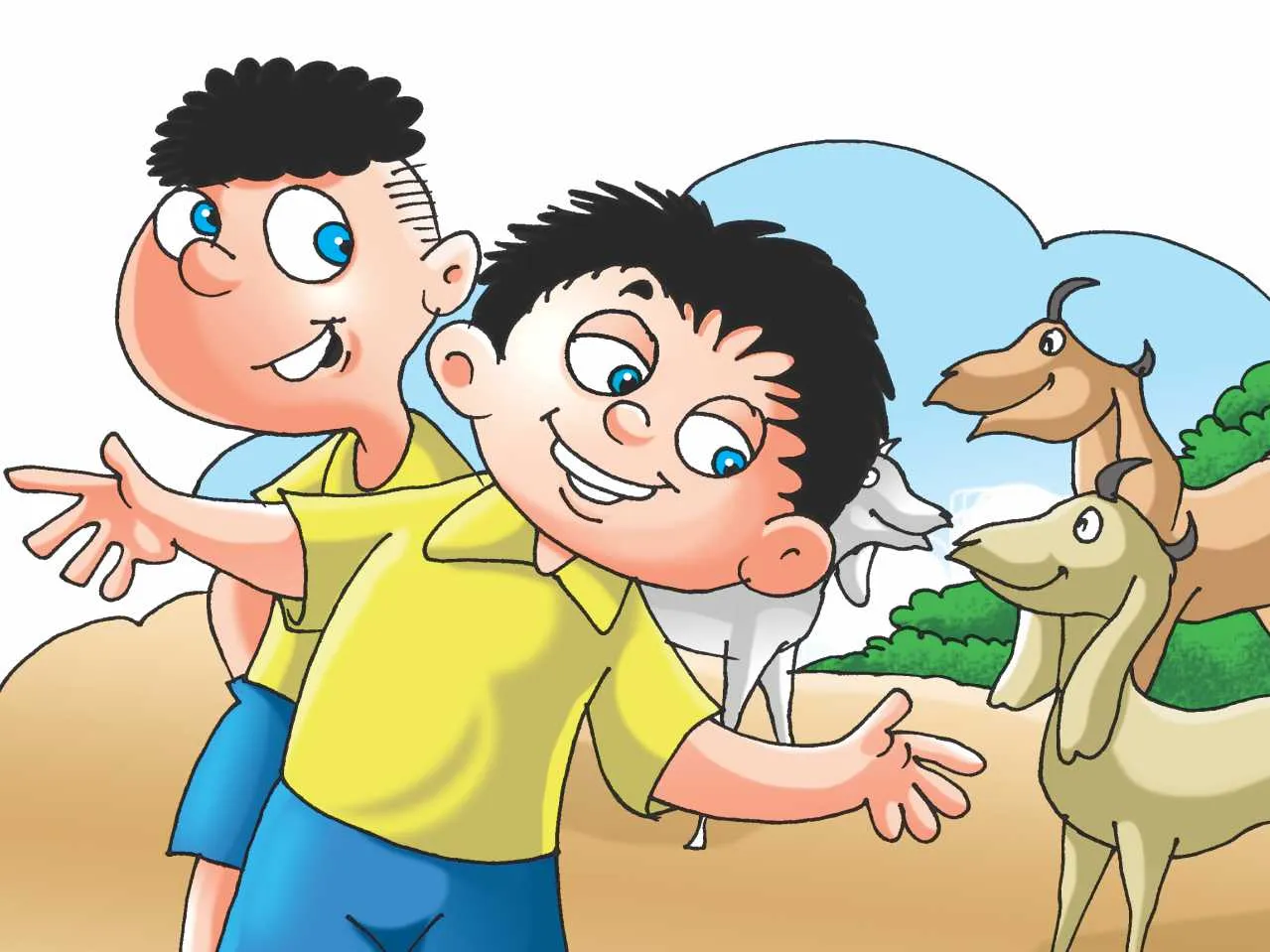 Two school boys and goats cartoon image