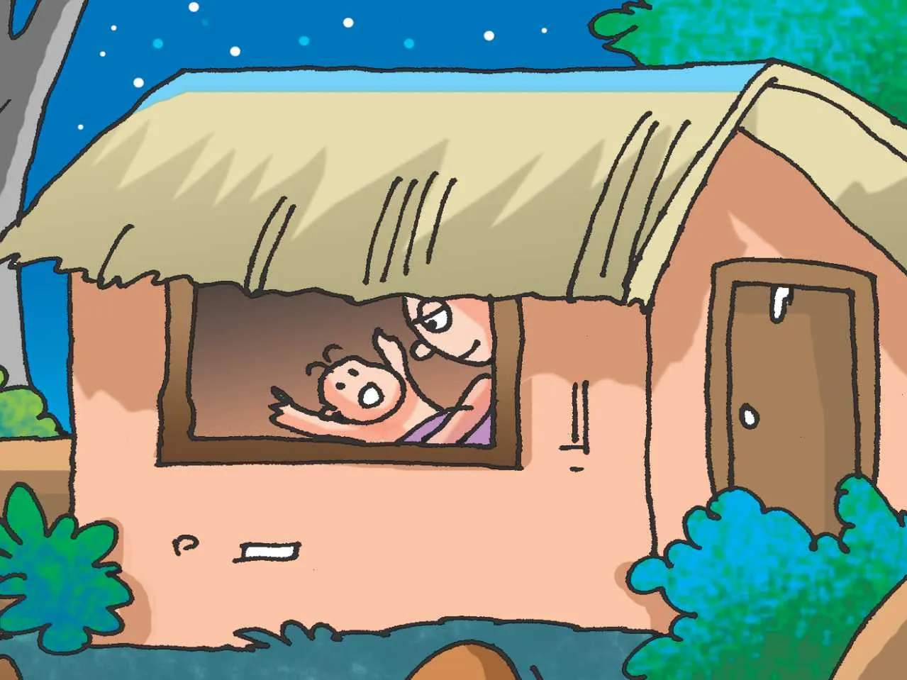 Kid and her mother in a hut cartoon image