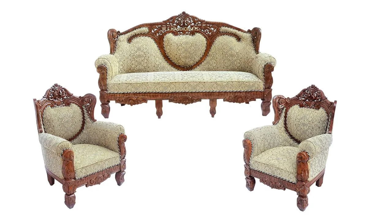 W.S.HANDICRAFTS Wooden Teak Wood Sofa Set with Cushion for Living Room