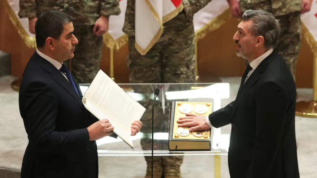  Mikheil Kavelashvili, elected by lawmakers as Georgia's new President, takes the oath during his swearing-in ceremony at the parliament in Tbilisi, Georgia, on December 29, 2024. Photograph: (Reuters) 