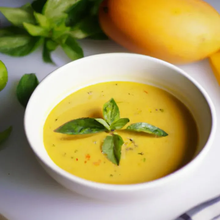 Chilled Mango Basil Soup with Blueberry Bruschetta