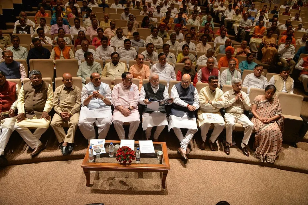  New Delhi: Prime Minister Narendra Modi and BJP Working President J.P. Nadda with Union Ministers Ravi Shankar Prasad, Thawar Chand Gehlot, Rajnath Singh, JP Nadda, Amit Shah, Dharmendra Pradhan, Subrahmanyam Jaishankar and Nirmala Sitharaman during the BJP parliamentary party meeting at Parliament in New Delhi on July 16, 2019. (Photo: IANS) 