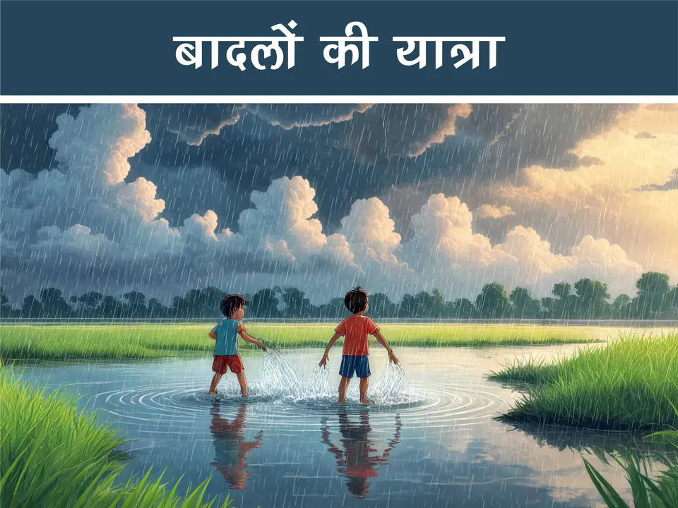 cartoon image of kids playing in rain