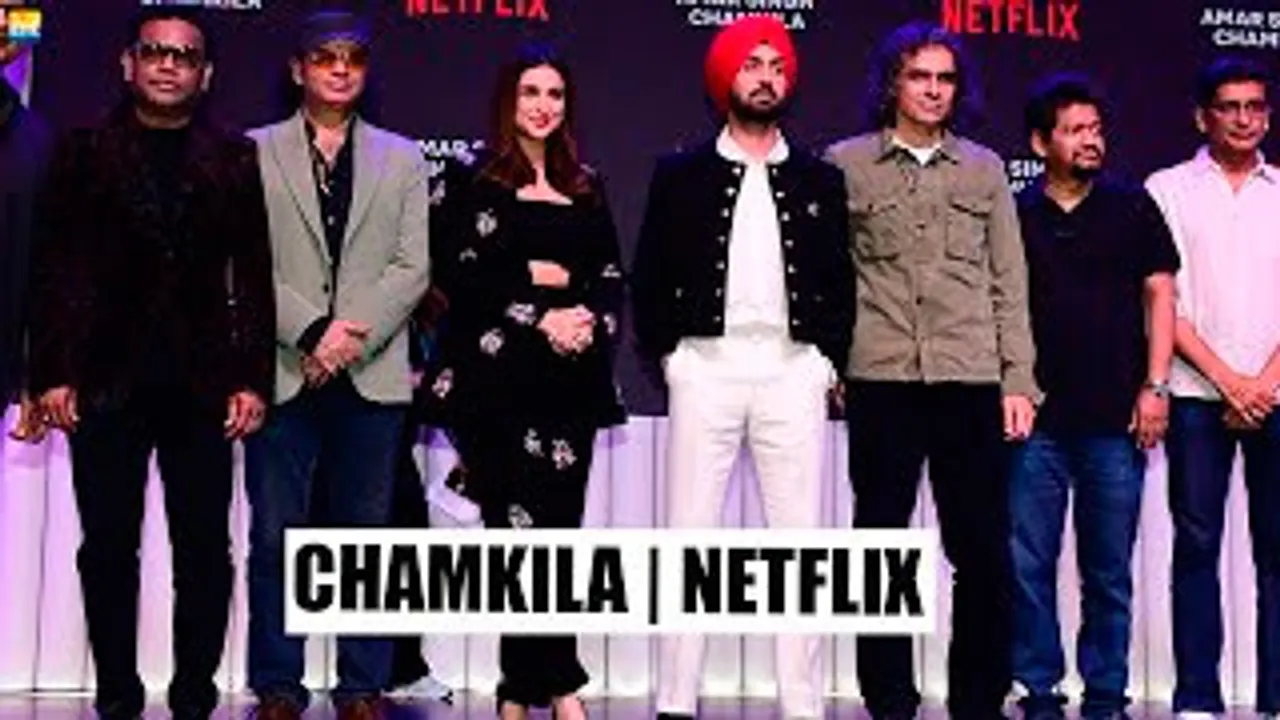 Parineeti Chopra, Diljit Dosanjh, Imtiaz Ali, A. R. Rahman &  Team At Amar Singh Chamkila's Song Launch During Next On Netflix Event