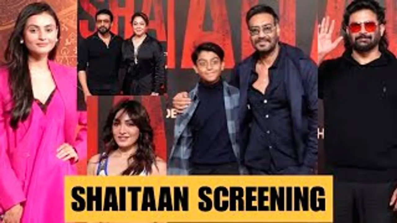 Ajay Devgn With Son Yug, R. Madhavan, Janki Bodiwala, Suriya-Jyothika, Karan Johar & Celebs At Shaitaan Screening