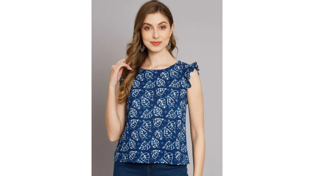 KALINI Leaf Print Flutter Sleeve Cotton Top