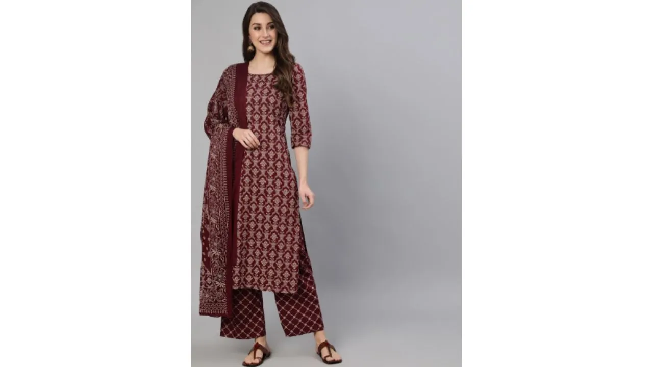 Nayo Wine Red Ethnic Motifs Cotton Kurta Set