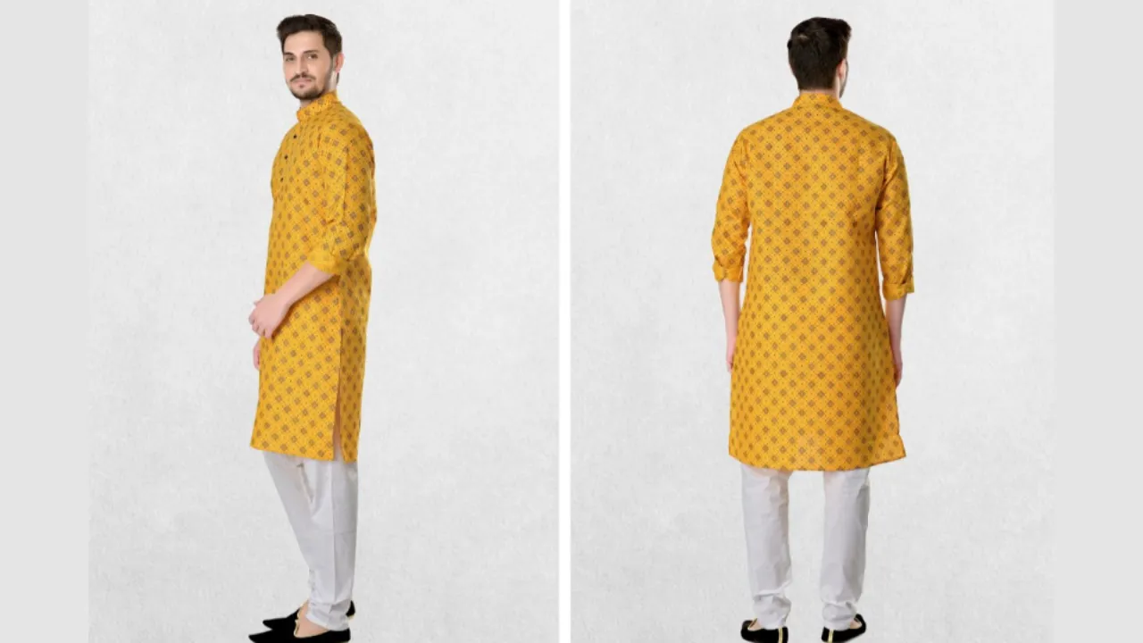 SHIWAM ETHNIX Men Yellow Geometric Printed Regular Straight Cotton Kurta