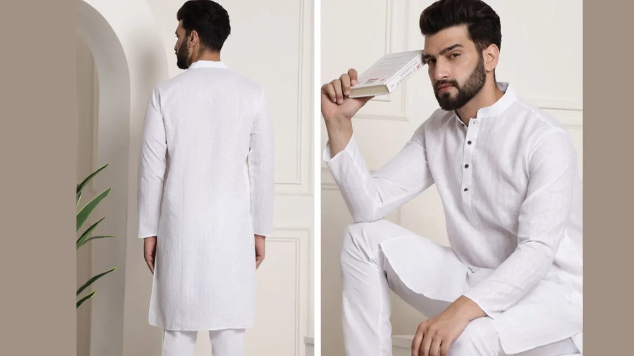 Anug by SOJANYA Men White Checked Dobby Mandarin Collar Kurta