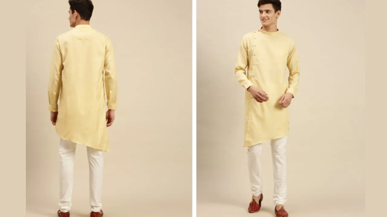 Sanwara Men Beige Angrakha Kurta with Pyjamas & With Dupatta