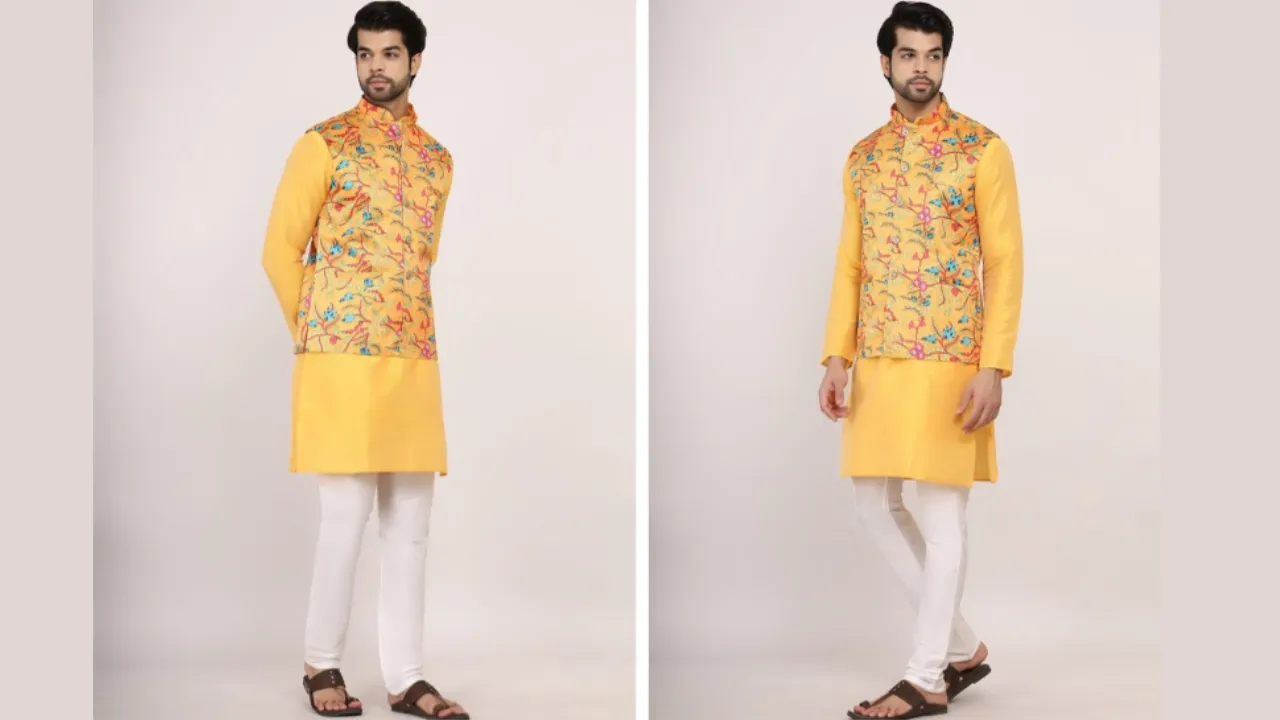 Sadree Mandarin Collar Long Sleeves Straight Kurta with Churidar & Nehru jacket