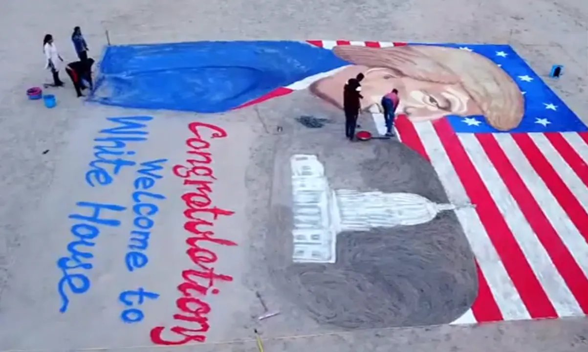  Odisha artist crafts 47-ft-long sand art of Donald Trump ahead of his inauguration as US President