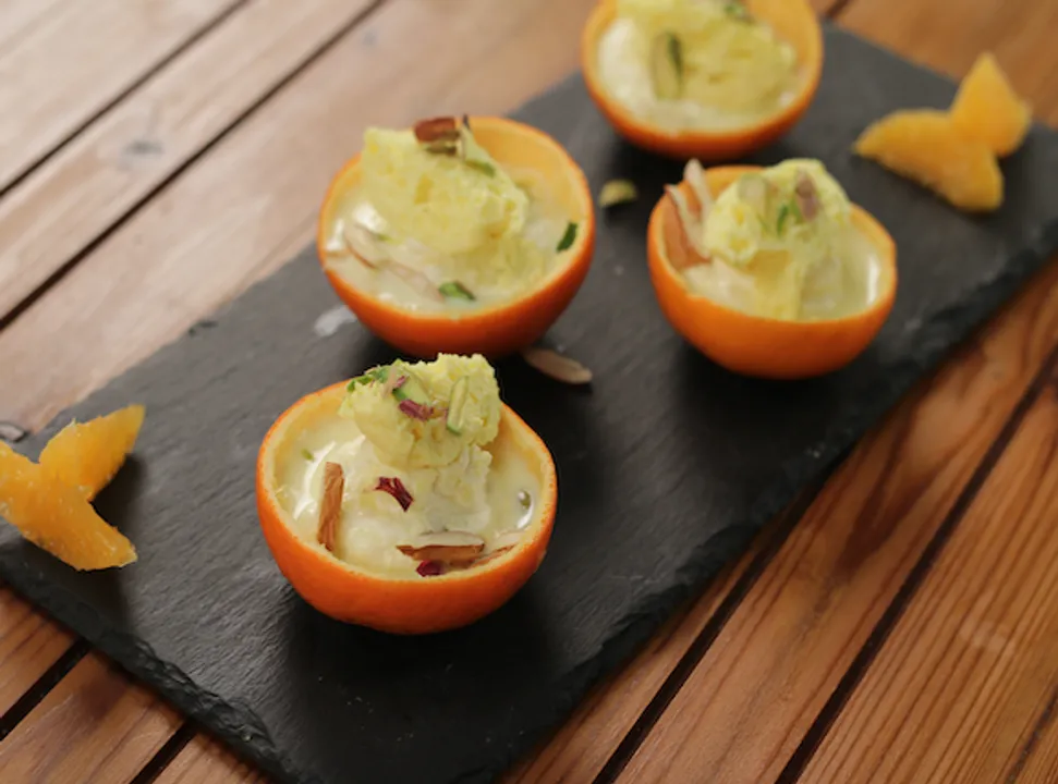 Rasmalai Mousse in Orange Cups