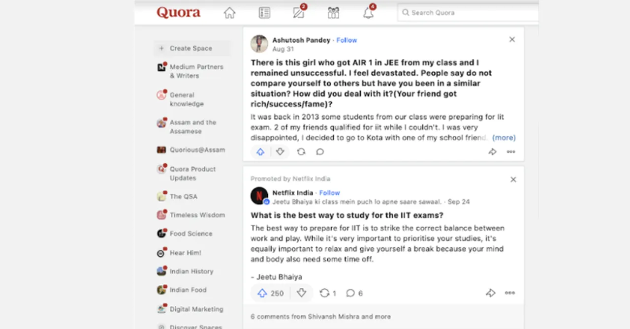 Netflix creates a Quora Promoted Answers campaign for Kota Factory 2