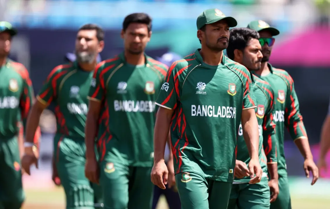 Najmul Hosain Shanto wears a dejected look as he walks off the field after the loss against South Africa