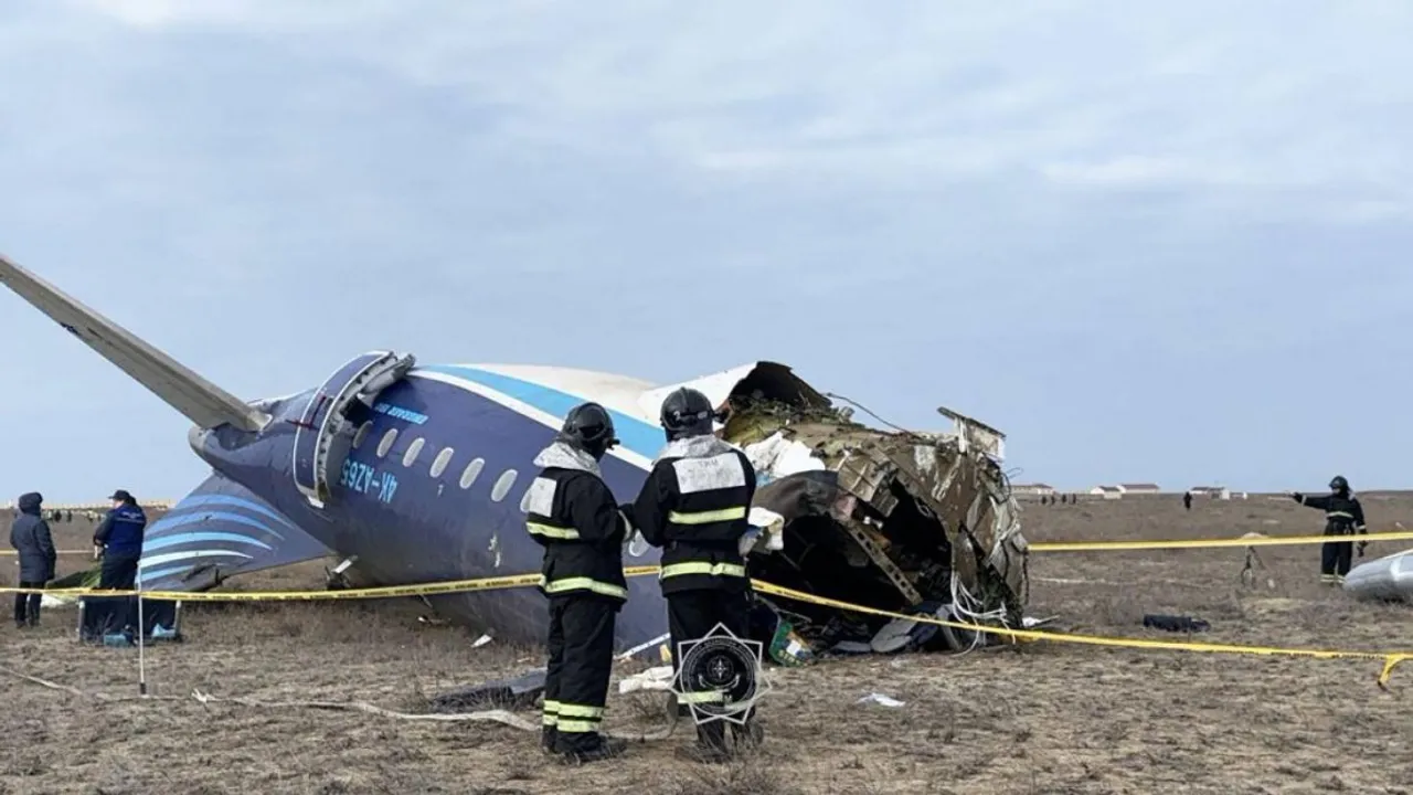  In this handout picture released by Kazakhstan's emergency situations ministry, emergency specialists work at the crash site of an Azerbaijan Airlines passenger jet near the western Kazakh city of Aktau on December 25, 2024. Photograph: (AFP) 