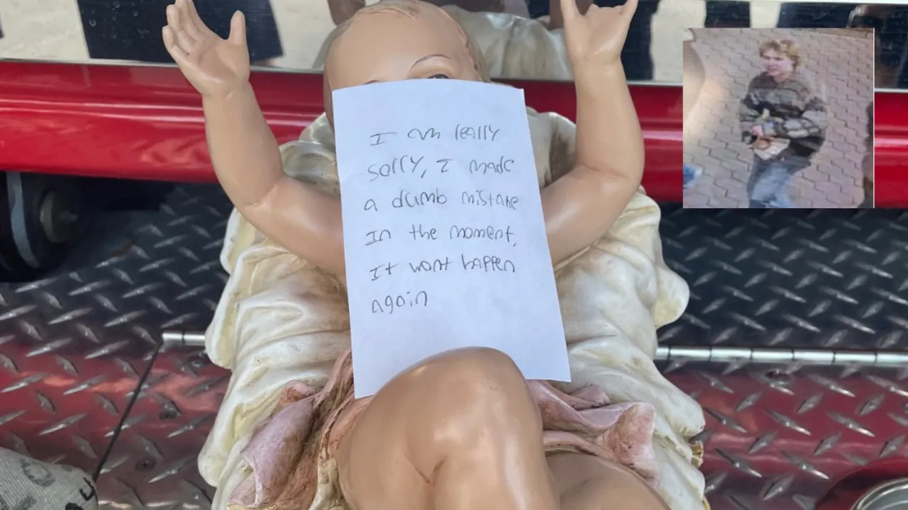 A look at the photo of the apology left with the baby Jesus statue. The thief, as seen on top right, has not been identified yet.  Photograph: (Facebook/Fort Collins Police Services) 