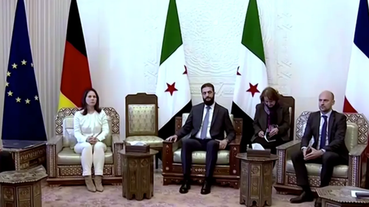  This photo shows Syria's de-factor leader Ahmed al-Sharaa meeting with German Foreign Minister  Annalena Baerbock (left) and her French counterpart Jean-Noel Barrot (right).  Photograph: (Reuters) 