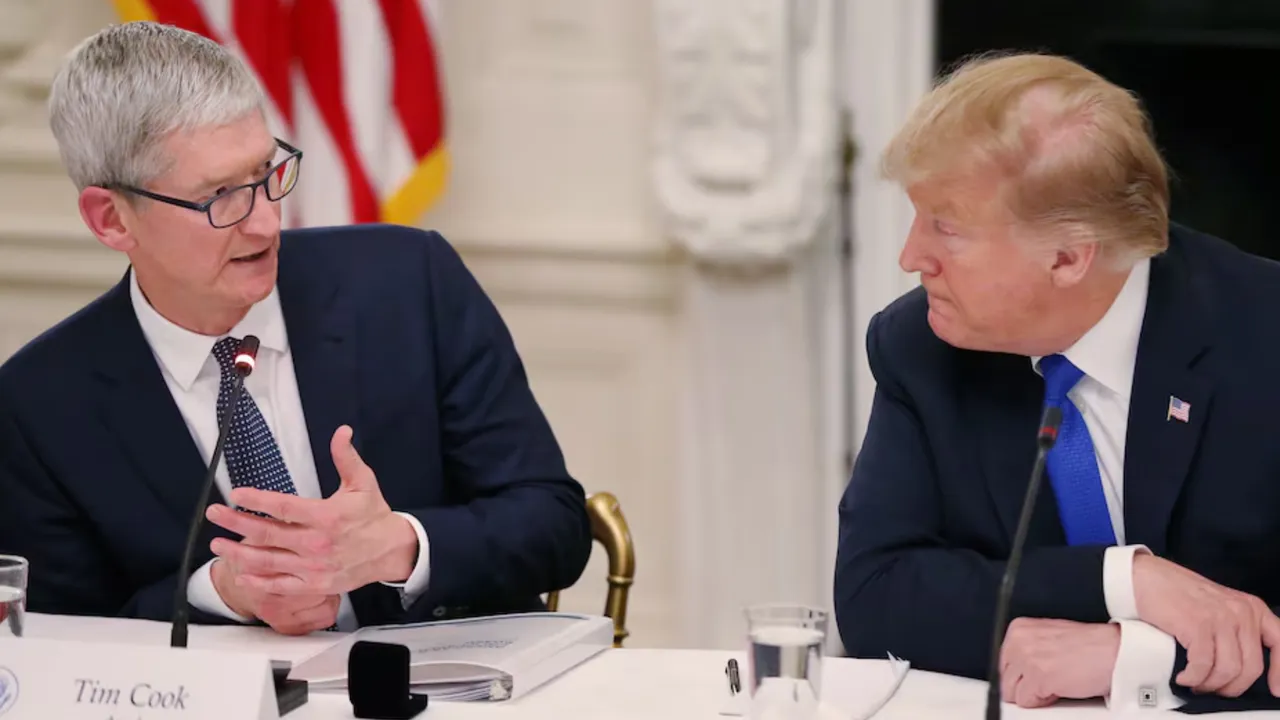 Apple CEO Tim Cook talks with U.S. President Donald Trump as they participate in an American Workforce Policy Advisory Board meeting in the White House State Dining Room in Washington, U.S., March 6, 2019. Photograph: (Reuters) 