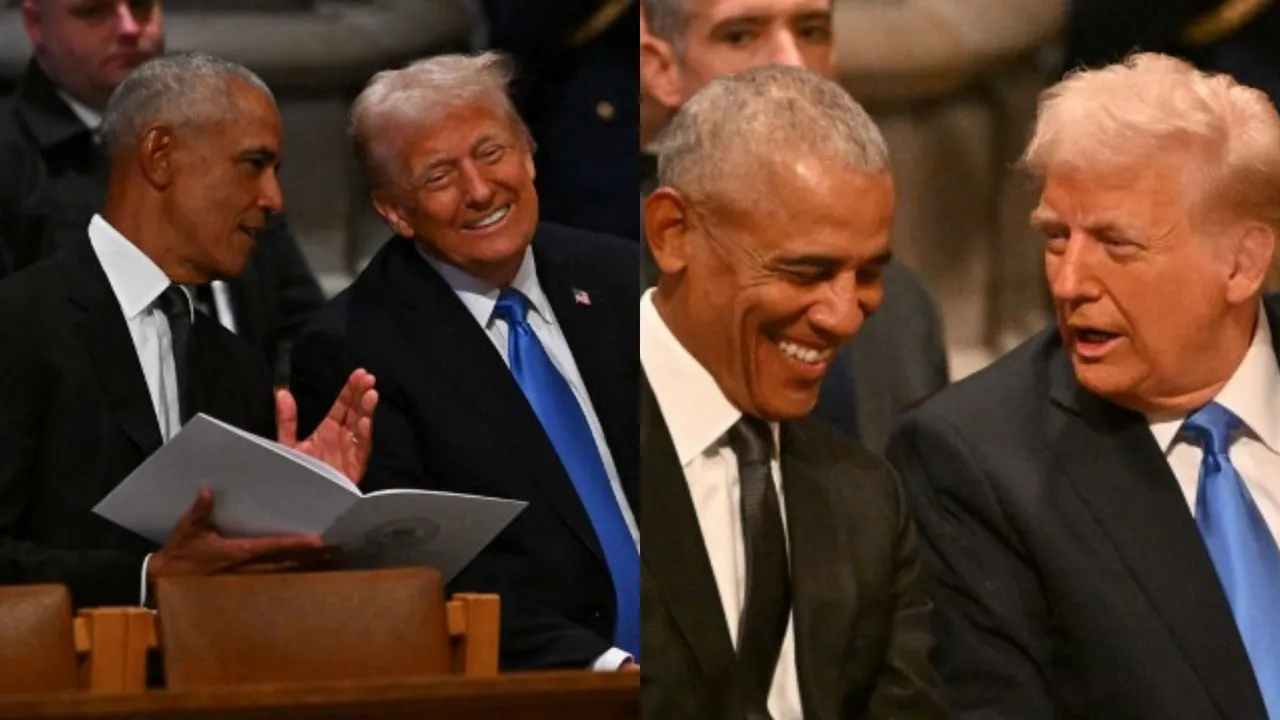  Former President Barack Obama and President-elect Donald Trump share a brief conversation as they take their seats. Despite their often contentious relationship, the two leaders appeared to engage in a polite exchange during the ceremony. Photograph: (AFP) 