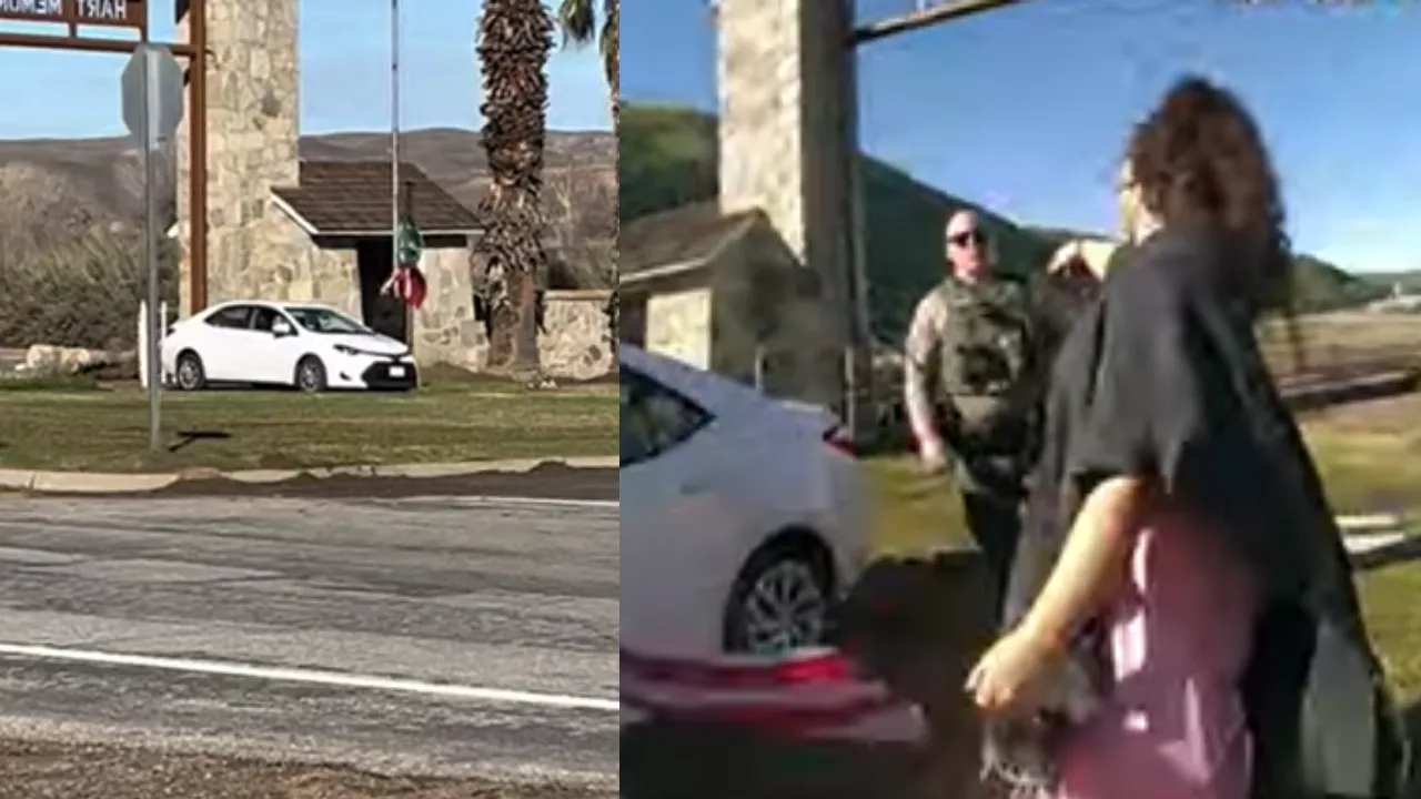  Woman arrested for tearing down US flag, replacing it with Mexican flag at California park Photograph: (You tube :  @KernCountySheriff (Screengrabs )) 