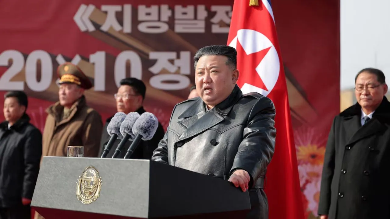  North Korean leader Kim Jong Un speaks during the groundbreaking ceremony for the Kangdong County Hospital and General Service Center in Kangdong County, North Korea, February 6, 2025, in this photo released by North Korea's official Korean Central News Agency.  Photograph: (Reuters) 