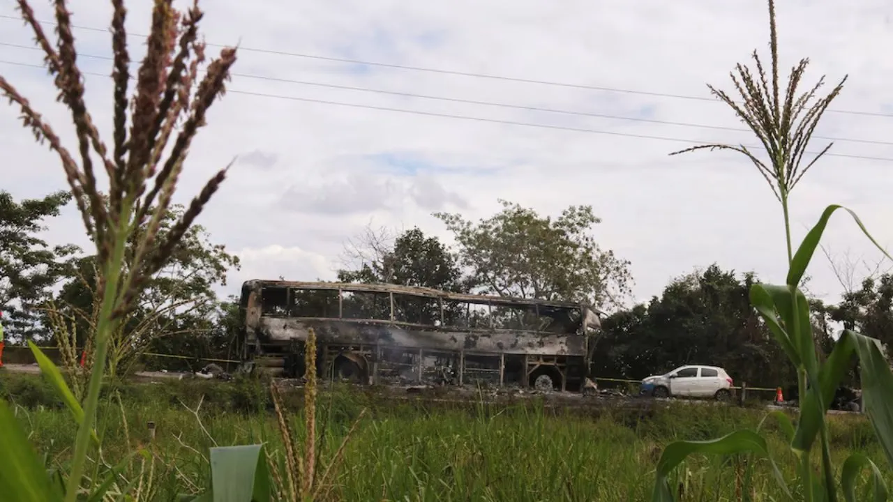  A burned bus is pictured after colliding with a trailer, Escarcega, Campeche, Mexico, February 8, 2025.  Photograph: (Reuters) 
