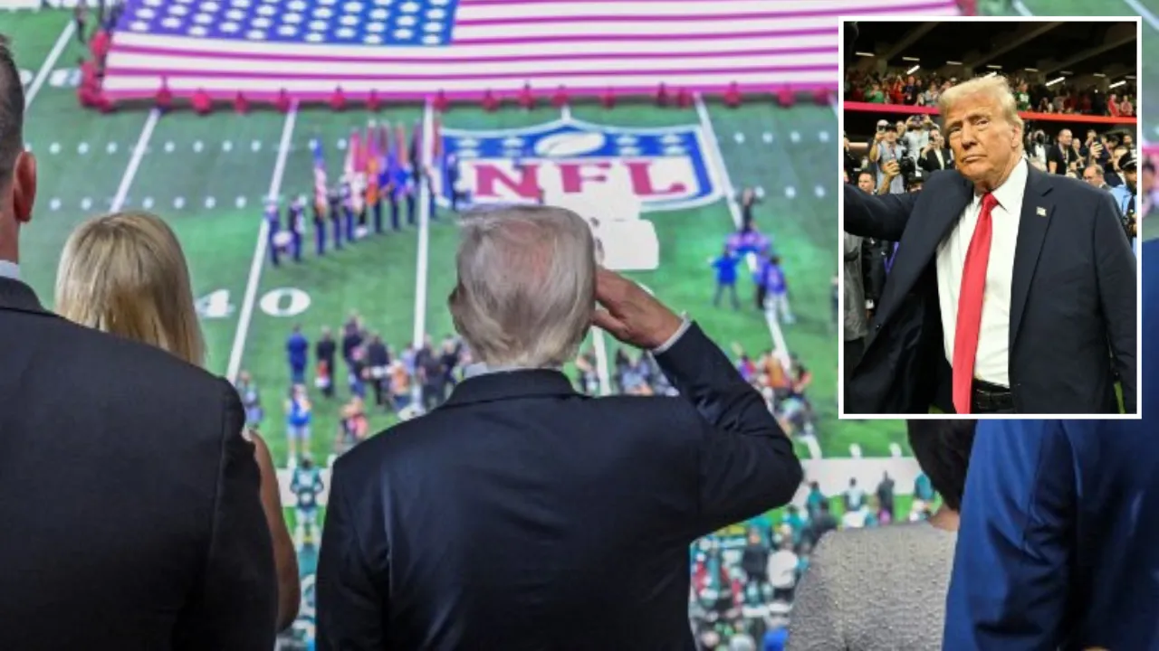  US President Donald Trump salutes as the national anthem is played before the start of Super Bowl LIX between the Kansas City Chiefs and the Philadelphia Eagles at Caesars Superdome in New Orleans, Louisiana, February 9, 2025. Photograph: (AFP) 