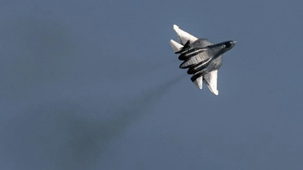  A Russian Sukhoi Su-57 fifth-generation jet fighter performs during an air show at the MAKS 2021 International Aviation and Space Salon, in Zhukovsky, outside Moscow, on July 20, 2021. Photograph: (AFP) 